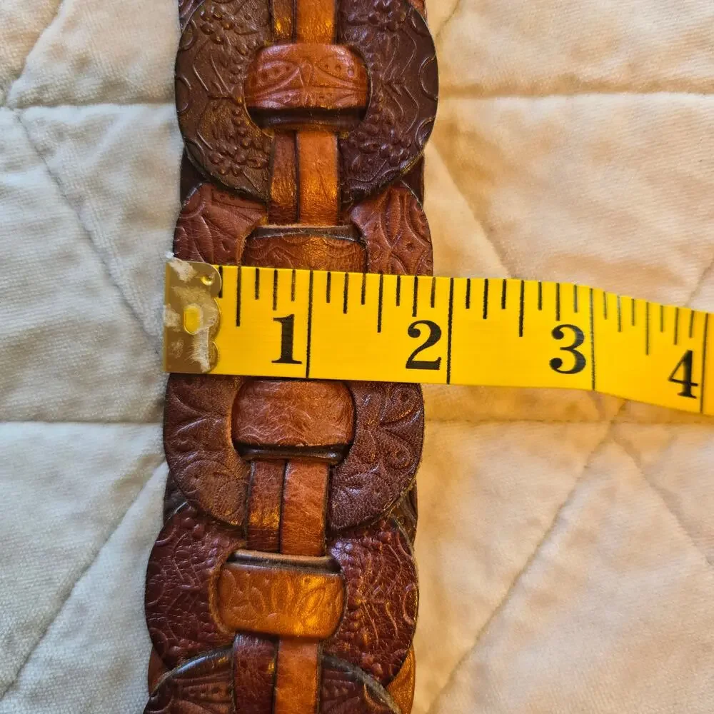 Vintage Fossil Leather Belt Chain Woven Western Tooled Brown Burgundy Cowgirl